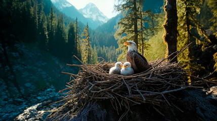 Bald eagle with chicks nesting in forest