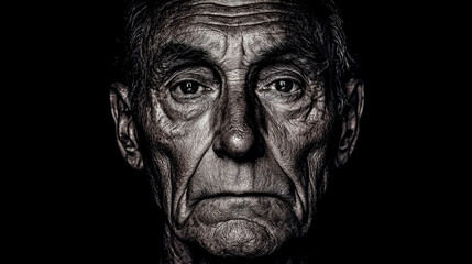 Dramatic black and white close up portrait of senior man showing wrinkles