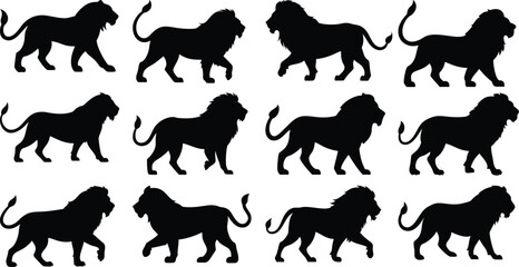 African lion silhouette set vector illustration.