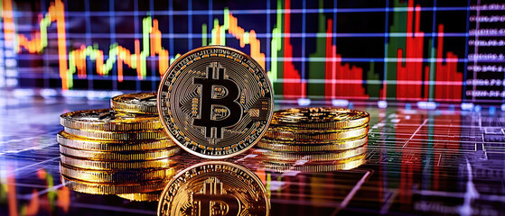 Stacks of golden cryptocurrency coins in front of a vibrant financial graph depicting market trends