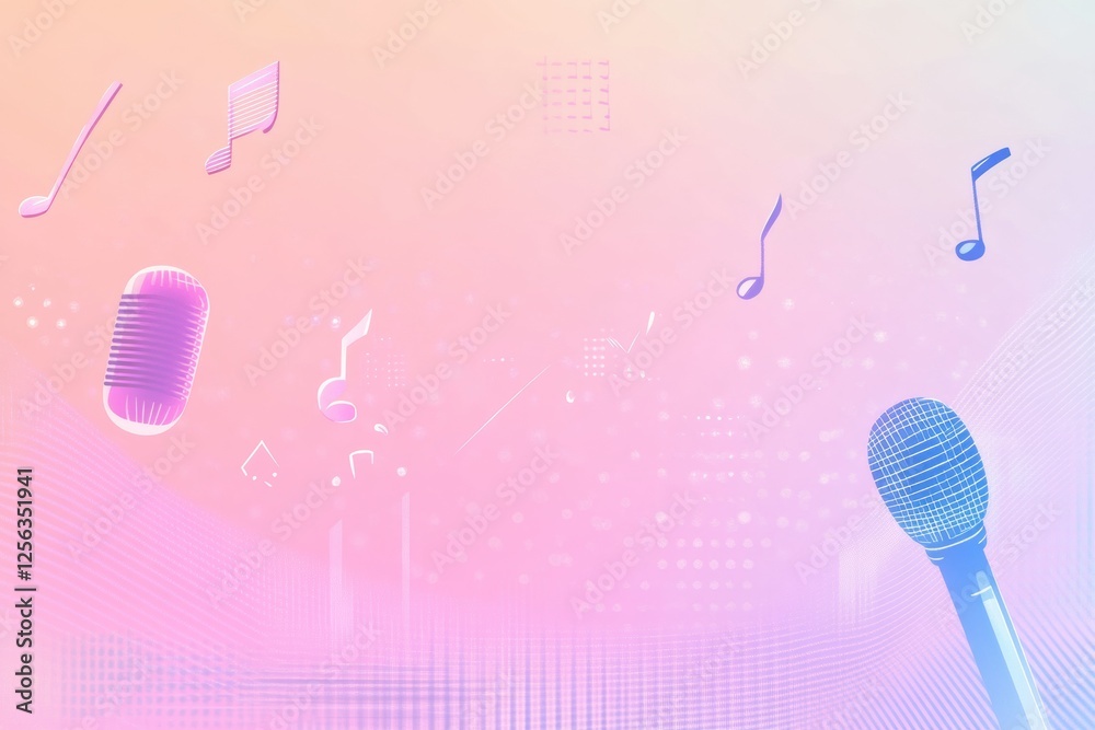 Poster vibrant minimalist k pop inspired backdrop featuring music notes and microphones for a lively atmosp
