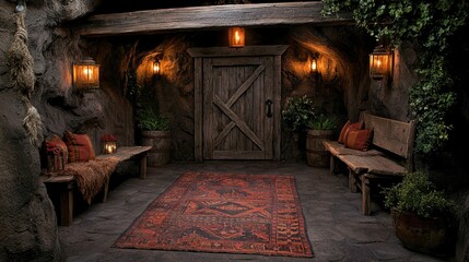 Rustic Cave Entrance With Wooden Benches And Lanterns