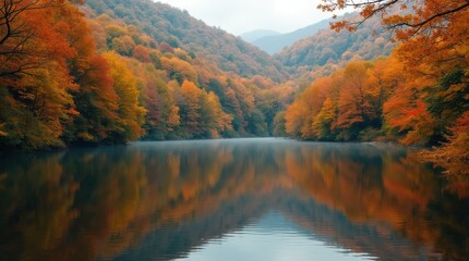 Fototapeta premium Serene Autumn Lake with Colorful Trees