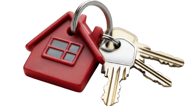 A close-up view of red house-shaped keychain with keys, symbolizing homeownership and security