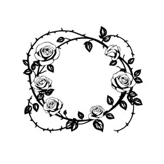 Black and white rose wreath, roses entwined in a circular floral arrangement.