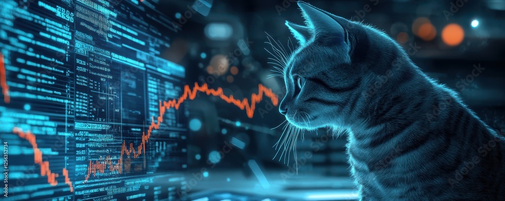 Poster cat analyzing data on futuristic digital screen with graphs