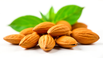 Almonds nut with leaves isolated on white background They are highly nutritious and rich in healthy fats or High-density lipoprotein HDL cholesterol antioxidants vitamins and minerals