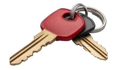 Close-up of a set of keys with a red keychain, symbolizing security and access, isolated on white