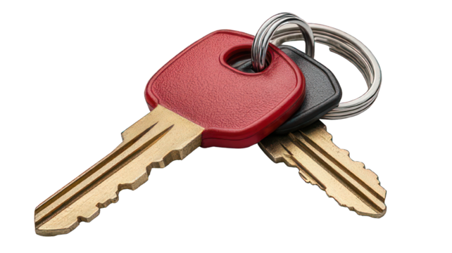 Close-up of a set of keys with a red keychain, symbolizing security and access, isolated on white