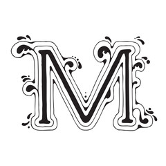 Letter M with waves and splashes for a nautical mood in the name of the sea or the name of a woman or man and a sea city such as Marseille, hand-drawn font graphics