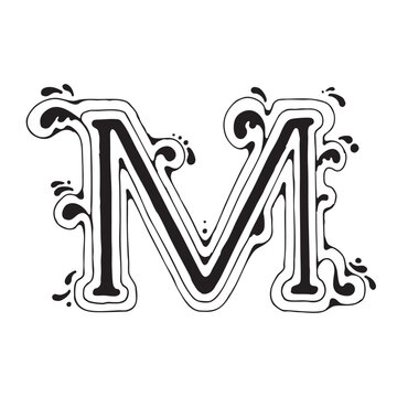 Letter M with waves and splashes for a nautical mood in the name of the sea or the name of a woman or man and a sea city such as Marseille, hand-drawn font graphics