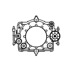 Steampunk Machine Gear Mechanism: Outline illustration of a circular gear mechanism with a central opening, pipes and gears in black.
