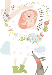 Pregnancy concept card in cartoon style. Baby and mother. Vector greeting card