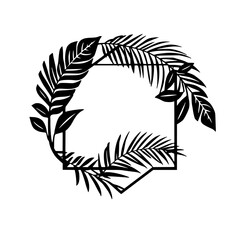 Tropical palm leaves framing a geometric frame, creating a black and white minimalist design.