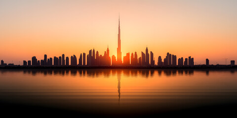 City skyline at sunset reflected in the water. Silhouette of tall buildings against a vibrant orange and yellow sky. Serene and picturesque scene.