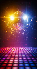 Colorful disco ball reflecting lights in a vibrant dance floor setting during an evening party. Vertical HD background.