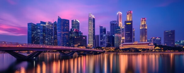 Naklejka premium Vibrant singapore skyline at dusk with illuminated skyscrapers and reflections