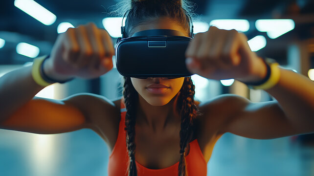 Woman in Virtual Reality Headset During Fitness Workout