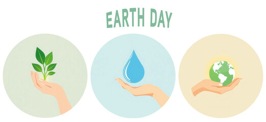 Set of Hand gently holding a vibrant green sprout, water drop and planet earth. Earth Day and safe plante concept. Illustration round frame. Isolated