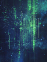 Obraz premium Futuristic digital growth chart with neon green lines and holographic elements, set against a deep blue starry background, showcasing sci-fi technology with sharp lines and vibrant glow effects.