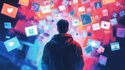 Man Immersed in a Digital World of Floating Social Media Icons