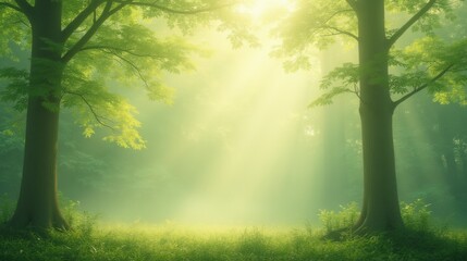 Fototapeta premium Tranquil Forest with Sunlight Streaming through Trees and Mist