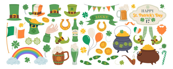 St. Patrick's Day set of elements and symbols. Green hats, four-leaf clovers, glasses of beer, pots with gold, flag, horseshoes, boots, and coins. Patricks Day celebration vector illustrations, icons.