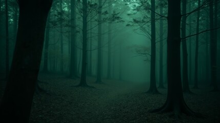 Fototapeta premium Mysterious and Enigmatic Forest Scene Enveloped in Fog and Shadows