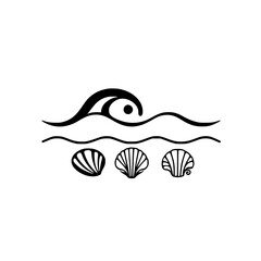 Black ink minimalist abstract ocean scene featuring wave crest and three seashells.