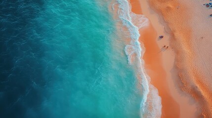 Aerial view ocean waves meet sandy beach at sunset