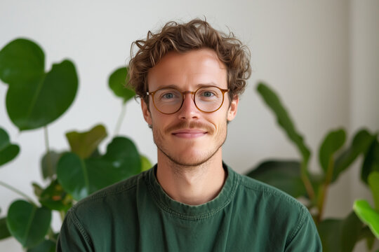 Young man with curly hair and glasses smiling while sitting among indoor plants in a well-lit room