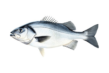 Fototapeta premium Silver sea bass fish isolated on white transparent background, showcasing its shiny scales and natural texture