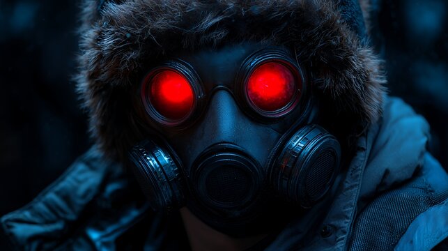 Person Wearing Gas Mask with Glowing Red Eyes in Dark Setting - Powered by Adobe