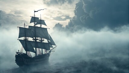 Fototapeta premium Majestic pirate ship navigating through thick fog with dramatic clouds above 