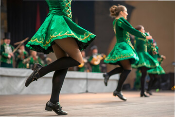 St Patrick's Day The image showcases dancers in vibrant green costumes performing a lively traditional dance on stage.