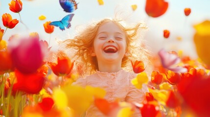 Fototapeta premium A joyful child laughing amidst vibrant tulips and fluttering butterflies, symbolizing the warmth and beauty of spring's arrival.