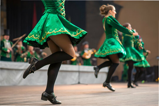 St Patrick's Day The image showcases dancers in vibrant green costumes performing a lively traditional dance on stage.