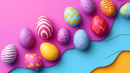 Fototapeta premium Assorted Colorful Easter Eggs on Pink and Blue Backdrop for Festive Spring