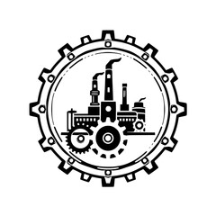 Industrial Factory Silhouette Within Gear Emblem.