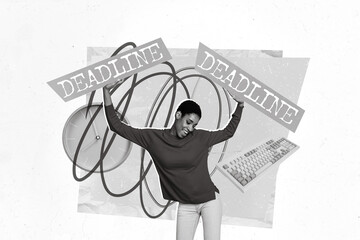 Creative collage picture of excited positive person hands hold deadline text wall watch keyboard...