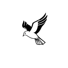 A flying dove illustration against a white background, highlighting the black and white contrast, and simple minimalistic design.