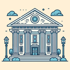 Fototapeta premium Stylized bank building icon with pillars and landscape elements representing finance and stability