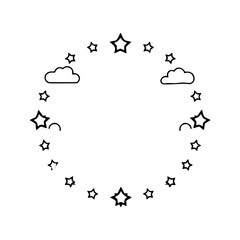Celestial circle of stars and clouds on a white backdrop, an illustration of a minimalist and abstract pattern.