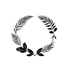 Circular monochrome wreath composed of various foliage, black and white, nature-themed design, minimalist style.
