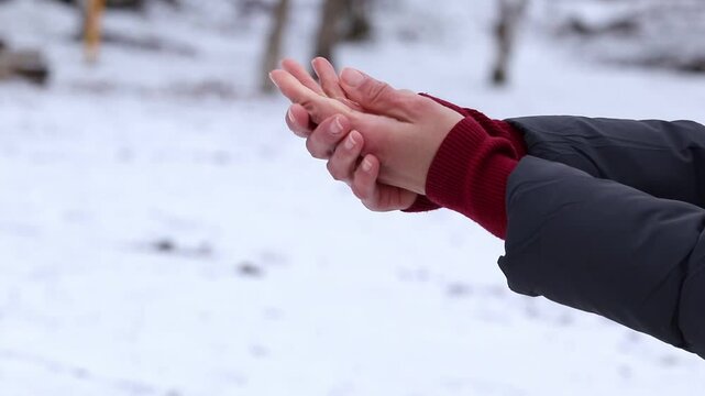 Girl's hands in the cold.Women's hands with dry damaged skin in winter.Hand skin care concept in cold season.