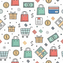 Online shopping seamless pattern, festive background, gift, purchase, payment, design