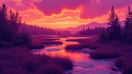 Serene Sunset Over Tranquil Marshland and Majestic Mountains