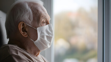 Senior Man in Mask: Elderly man wearing a protective face mask, looking out of a window with concern during an infectious disease outbreak. Stay safe.