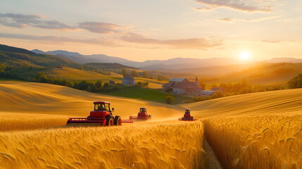 Fototapeta premium A group of farmers harvesting golden wheat at sunset, with warm golden light and long shadows stretching across the field