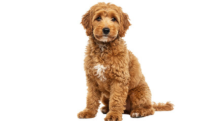 Golden Doodle dog with a fluffy curly coat and a friendly expressive face isolated on a transparent background